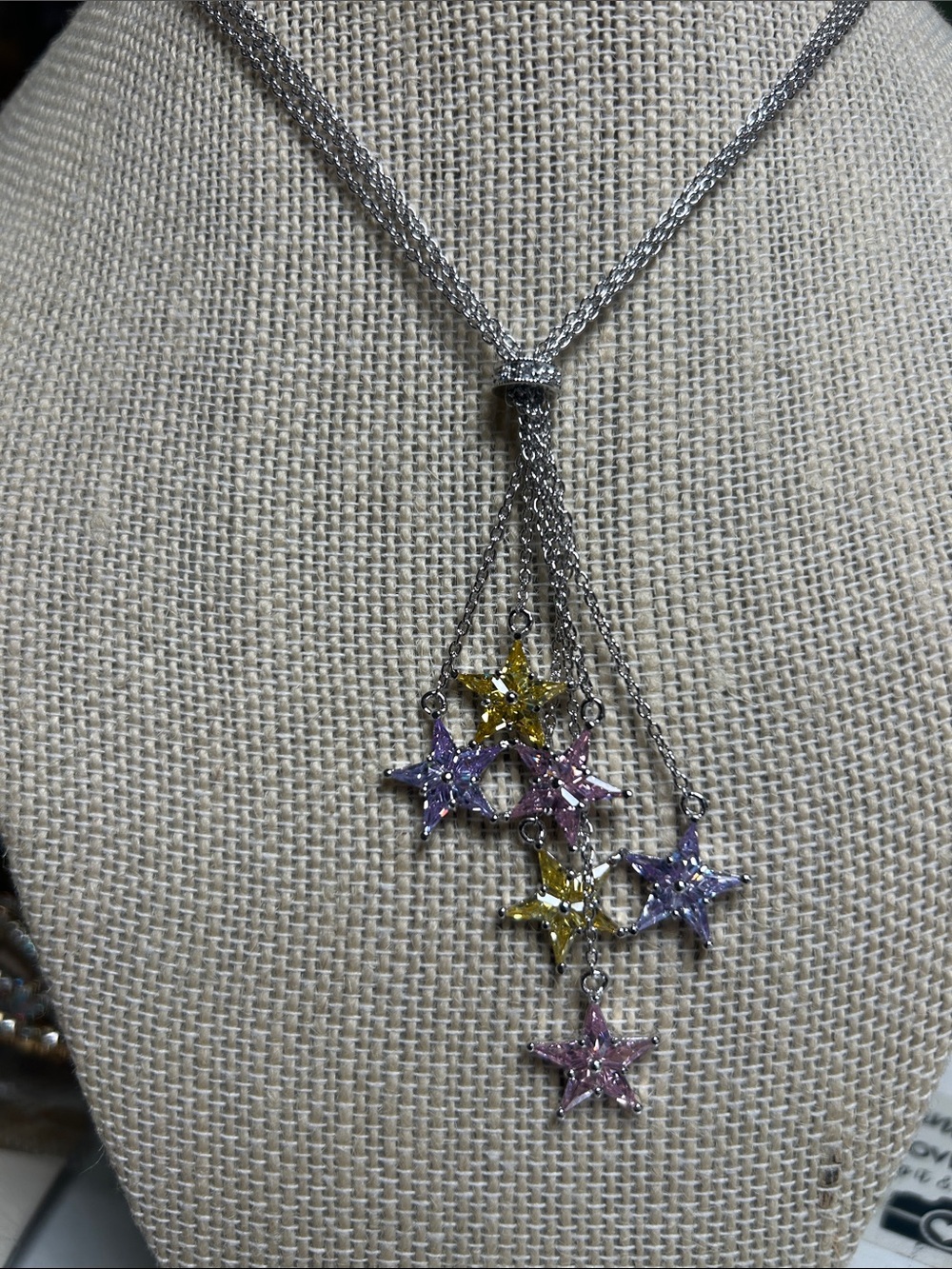 Silver Multi-Star Pendant Necklace with Yellow, Purple, and Pink Stones